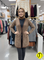 Kahverengi çizgili yumoş örgü hırka, yeni model unisex giyim