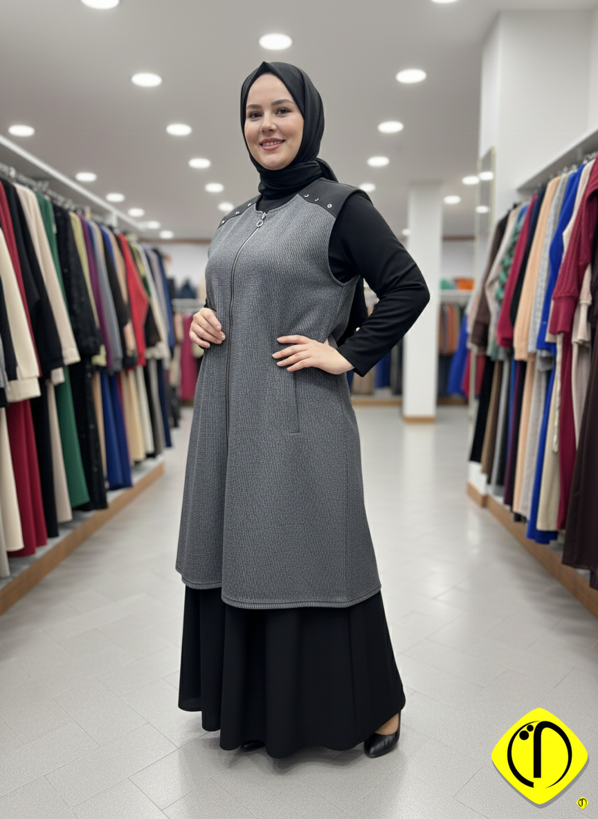 Yeni Model Jakarlı Maya Kumaş Battal Yelek Yeni model jakarlı maya kumaş battal yelek giyen şık büyük beden kadın