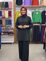 Siyah burgu kumaş uzun bayan gömlek modeli