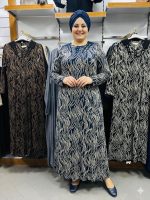 Annelere özel lacivert penye elbise, dalgalı desenli büyük beden elbise