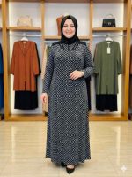 Annelere özel lacivert siyah desenli penye elbise, büyük beden konforlu anne hediyesi