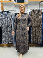 Annelere özel lacivert desenli penye elbise, konforlu büyük beden anne elbisesi