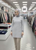 Sami Özdoğan gri çizgili penye kadın tunik